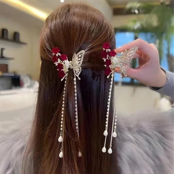 Decorative butterfly hair claw clip with pearl tassels