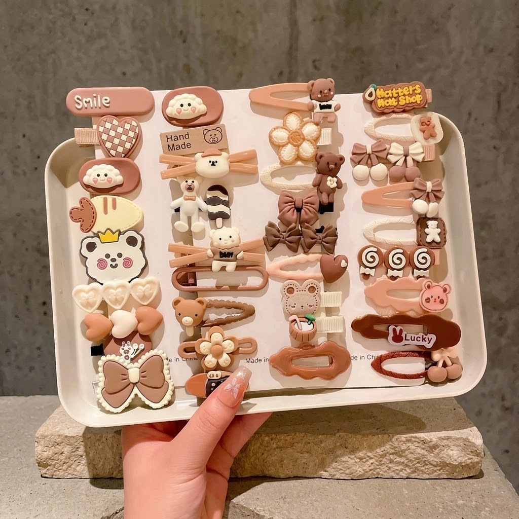 14-Piece Cartoon Hair Clips Set for Girls | Brown