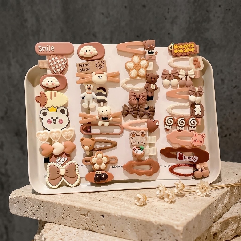 14-Piece Cartoon Hair Clips Set for Girls | Brown