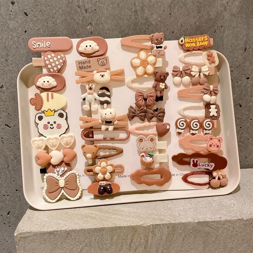 14-Piece Cartoon Hair Clips Set for Girls | Brown
