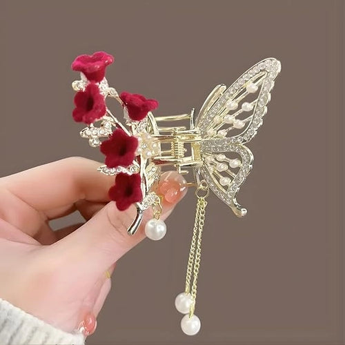 Luxury Butterfly Hair Claw Clip with Sparkling Rhinestones, Velvet Flowers - product photo 2