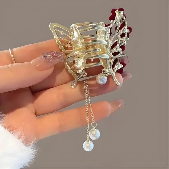 Luxury Butterfly Hair Claw Clip with Sparkling Rhinestones, Velvet Flowers - product photo 3